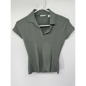 Halogen Sweater Womens Small Green Collared Short Sleeve Ribbed Stretch Knit Top